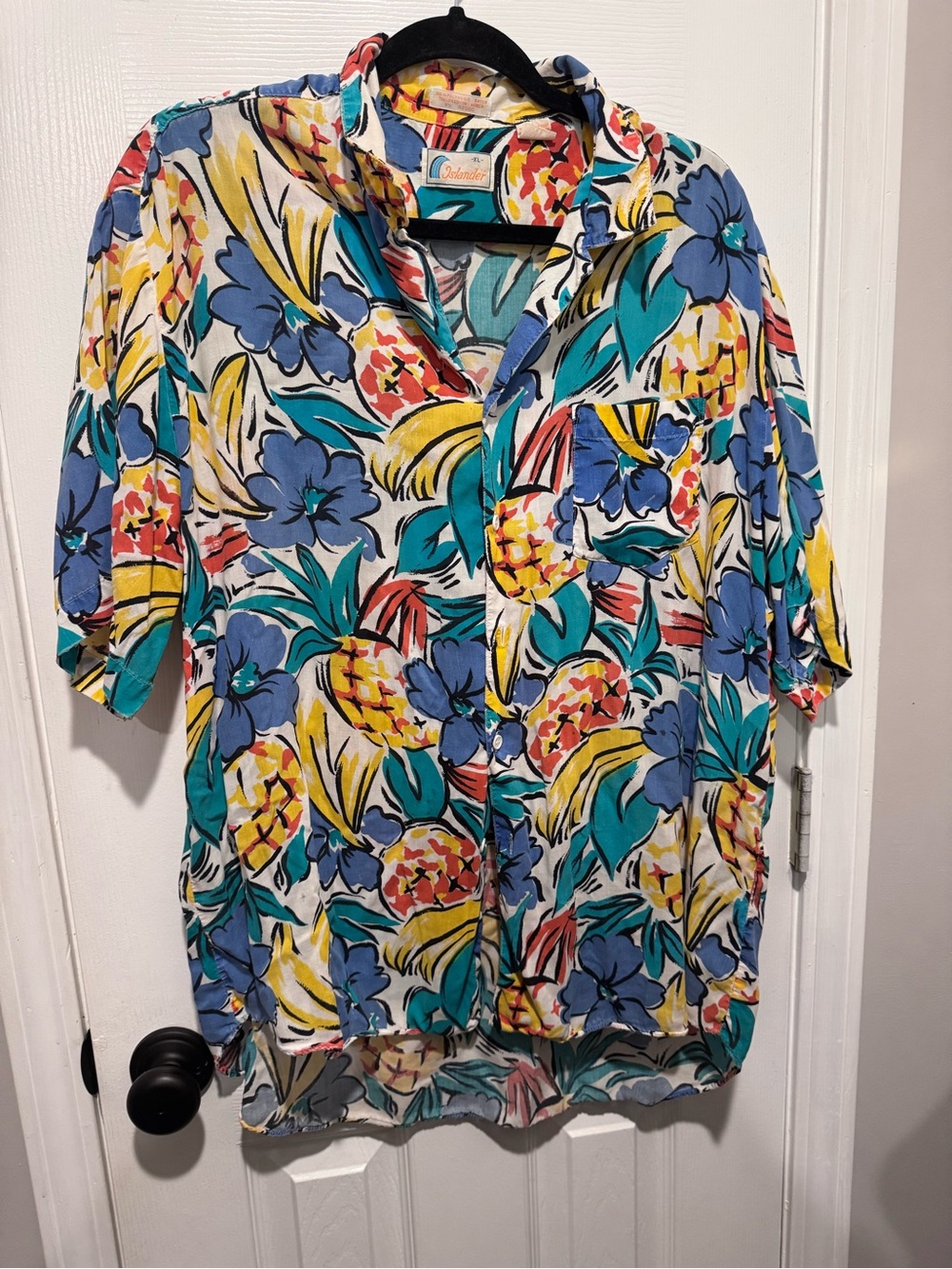 Islander Tropical Pineapple Floral Camp Shirt in White, Blue, Yellow, Teal